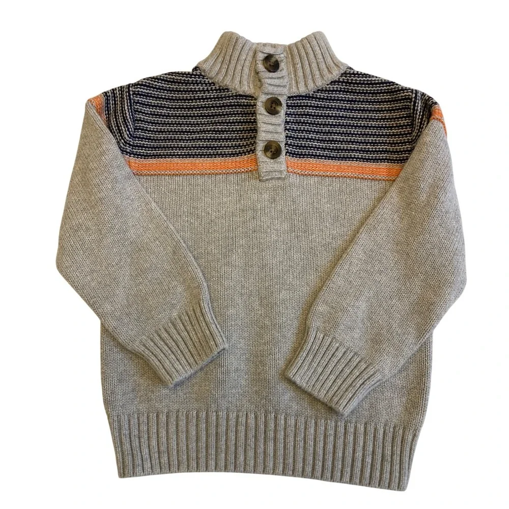 Gymboree Boys XS 4 Gray Striped Mock Neck Button Quarter Placket Cotton Sweater